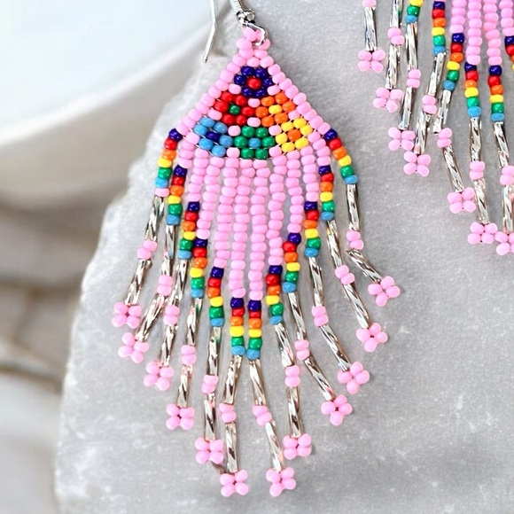 Pink and Silver Beaded Chandelier Earrings Pink Pony Club inspired - Picture 15 of 16